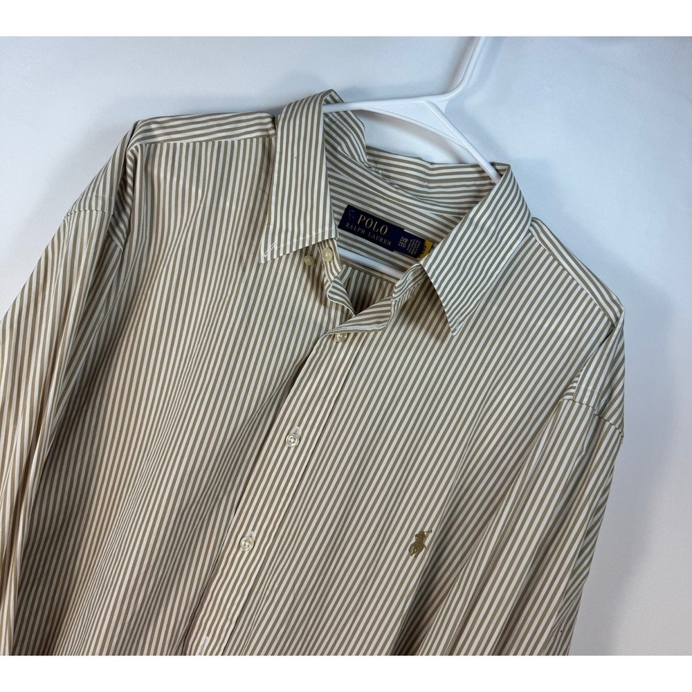Polo Ralph Lauren Mens 2XB Tan White Striped Long Sleeve Button Down Shirt Pony